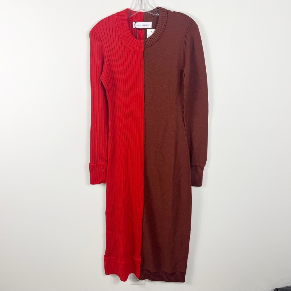 Marina Moscone Patchwork Knit Two Tone Long Sleeve Dress Medium NWT Poppy Brown - Picture 2 of 7